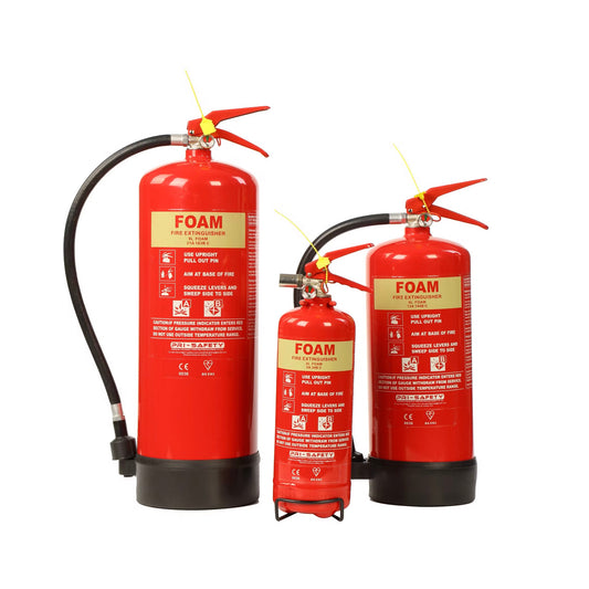 Three red foam fire extinguishers on a white background